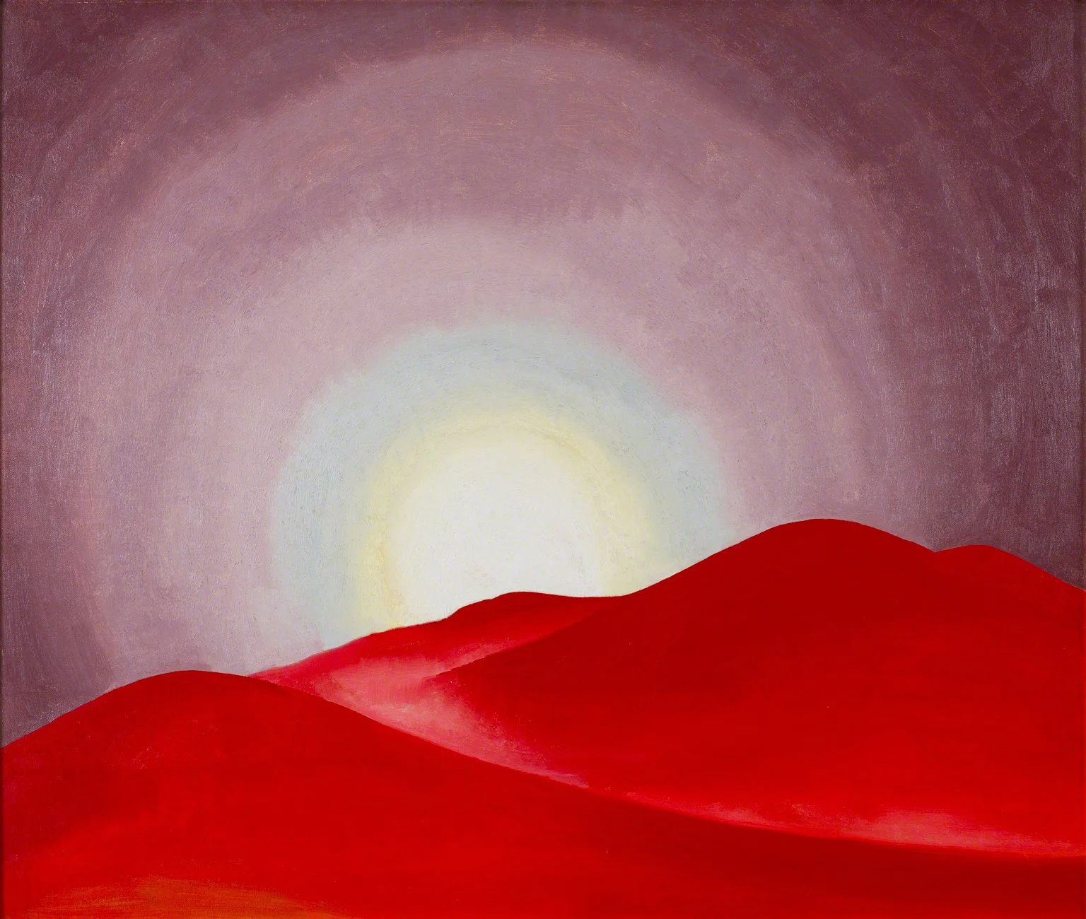 Abstract painting of a sunrise over red mountains, with a glowing sun in a gradient pink and purple sky.
