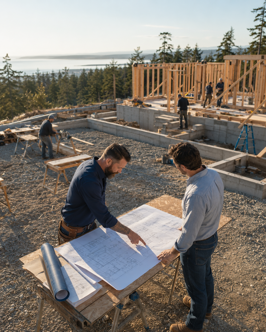 Construction site with workers building a house, two men reviewing blueprints at a table in the foreground, wooden framing and tree-covered landscape in the background during the daytime.