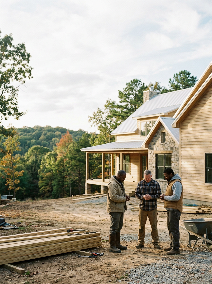 Three men standing on a construction site in front of a house, discussing surrounded by building tools and materials, with a wooded landscape in the background.