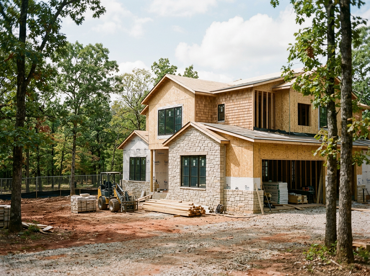 A house under construction surrounded by trees, with unfinished walls and construction materials and equipment in the foreground.