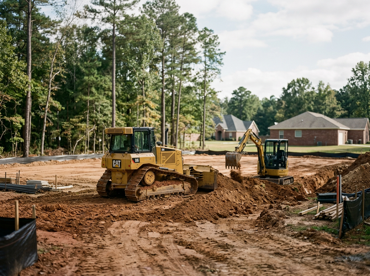 Construction site with two yellow excavators moving dirt, background shows residential houses and trees, clear sky.