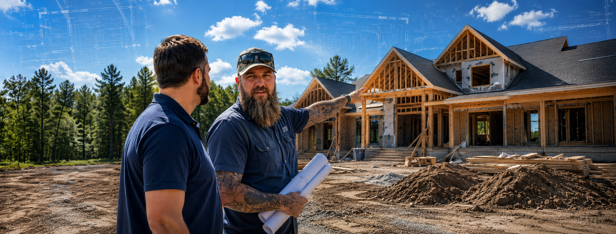 Two men at a construction site discussing a house under construction, with trees and a blue sky in the background.