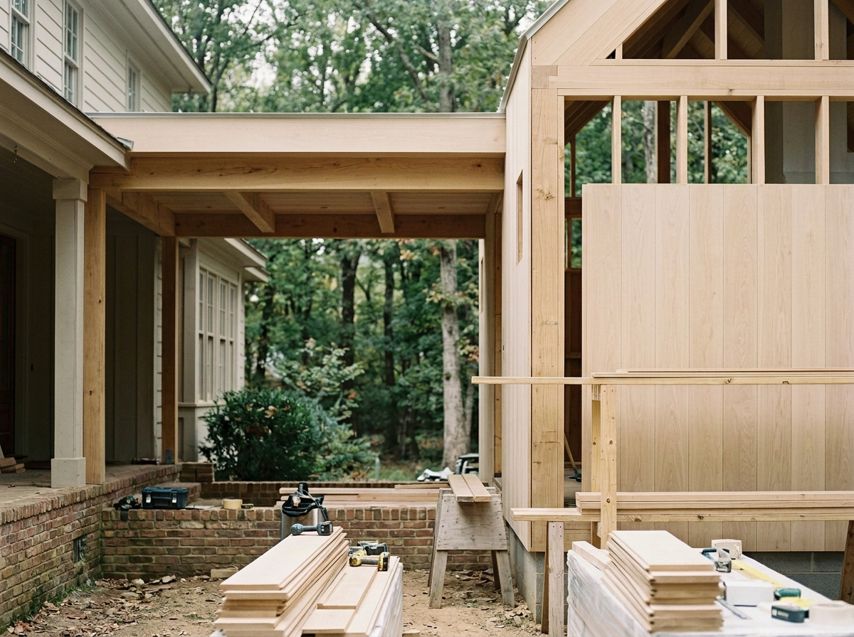 Construction site of a house showing framed walls and wooden beams, with building tools and lumber on the ground.