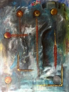 Abstract painting with black, gray, blue, green, and orange colors featuring copper-colored chains and balls.