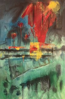 Abstract painting with bold red, yellow, and black strokes, featuring green and blue hues and textured elements.