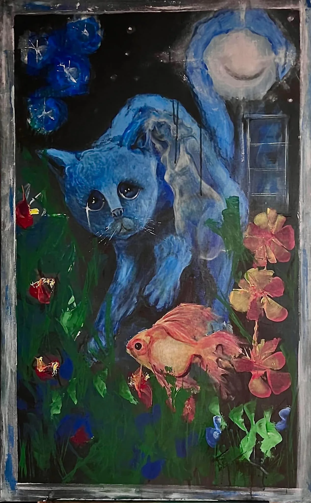 A colorful painting of a blue kitten surrounded by various flowers and plants, with a black background and circular shapes resembling planets or moons.