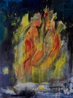 Abstract painting with fiery orange and yellow flames, dark blue and black background, and hints of green.
