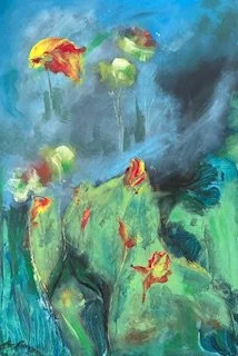 Abstract painting with colorful fish swimming in an aquatic scene with blue and green tones.
