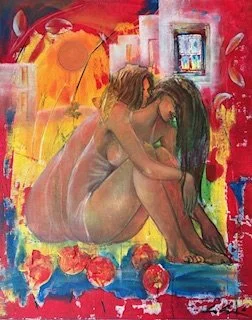 A painting of a woman sitting on the ground with her arms wrapped around her knees, set against a colorful, abstract background with reds, oranges, and blues.