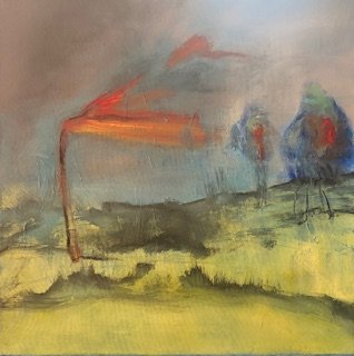 Abstract landscape painting with a fire-like flare and blurred trees in the background.
