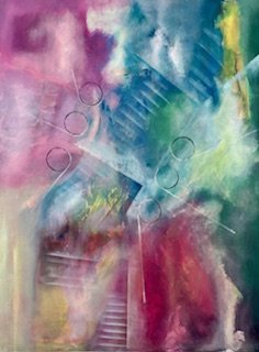 Abstract colorful painting with pink, purple, blue, green, and yellow hues, featuring circular shapes and textured brushstrokes.
