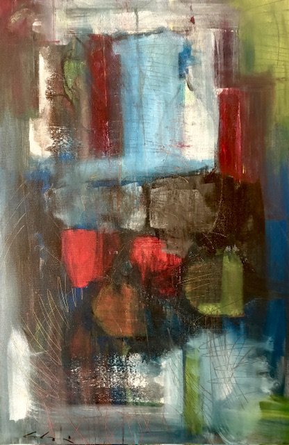 Abstract painting with bold strokes of red, blue, green, brown, and white colors.