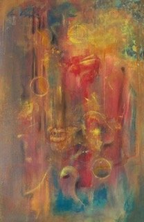 Abstract painting with warm tones of yellow, red, orange, and hints of blue and green, featuring blurry shapes and circular elements.