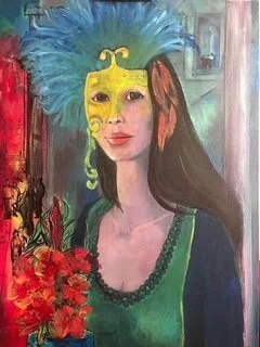 A woman with colorful makeup and a blue feathered headdress, wearing a green dress with decorative trim, holding a bouquet of red flowers.