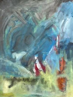 Abstract painting with blue, gray, green, and hints of red and orange colors.