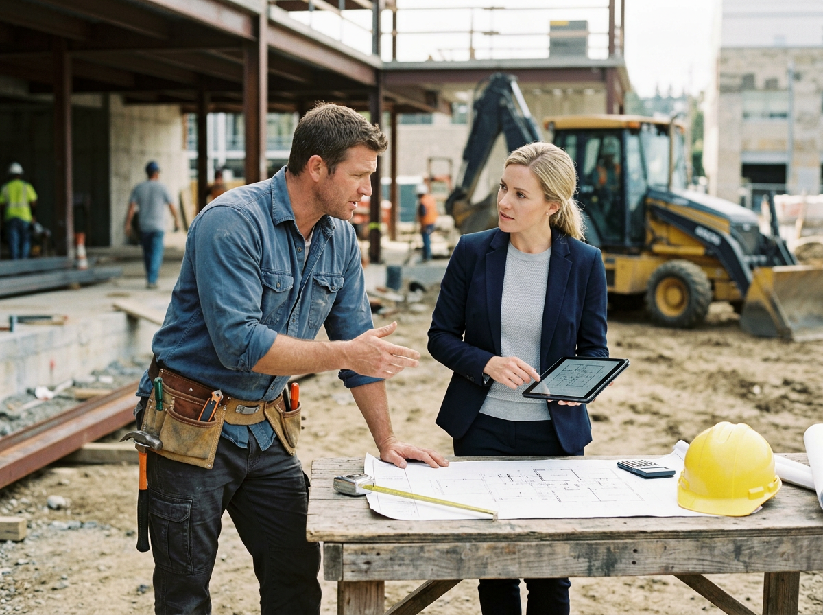 Two construction professionals, a man and a woman, discussing plans at a construction site with heavy machinery and workers in the background.