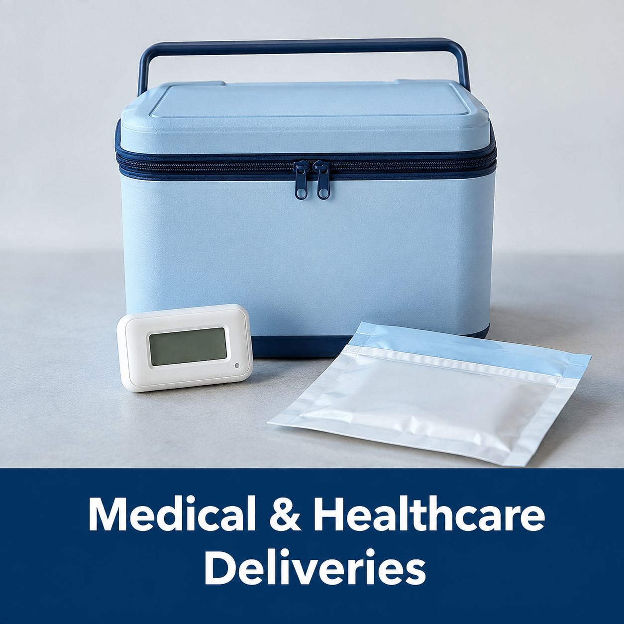 A blue insulated medical delivery cooler with a digital thermometer and sealed plastic bag in front, labeled 'Medical & Healthcare Deliveries'.