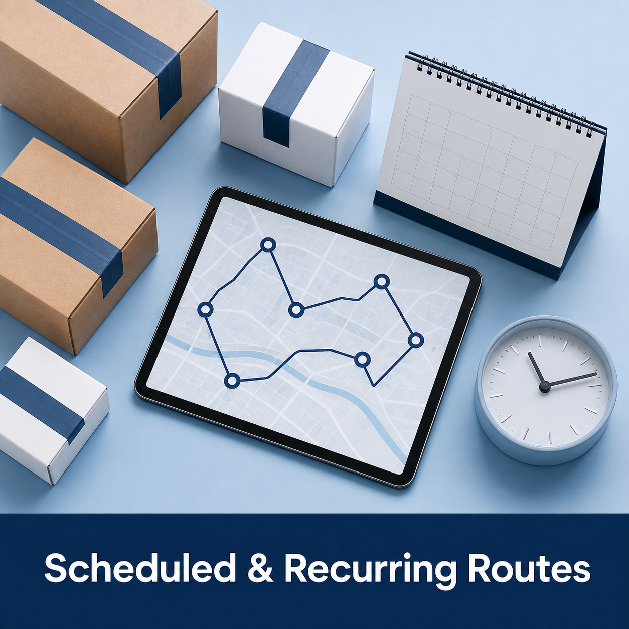 A digital tablet displaying a map with a route marked on it, surrounded by cardboard boxes with blue tape, a small white and blue box, a white desk calendar, and a white clock showing 2:10. The image has a blue background with the text "Scheduled & Recurring Routes" at the bottom.
