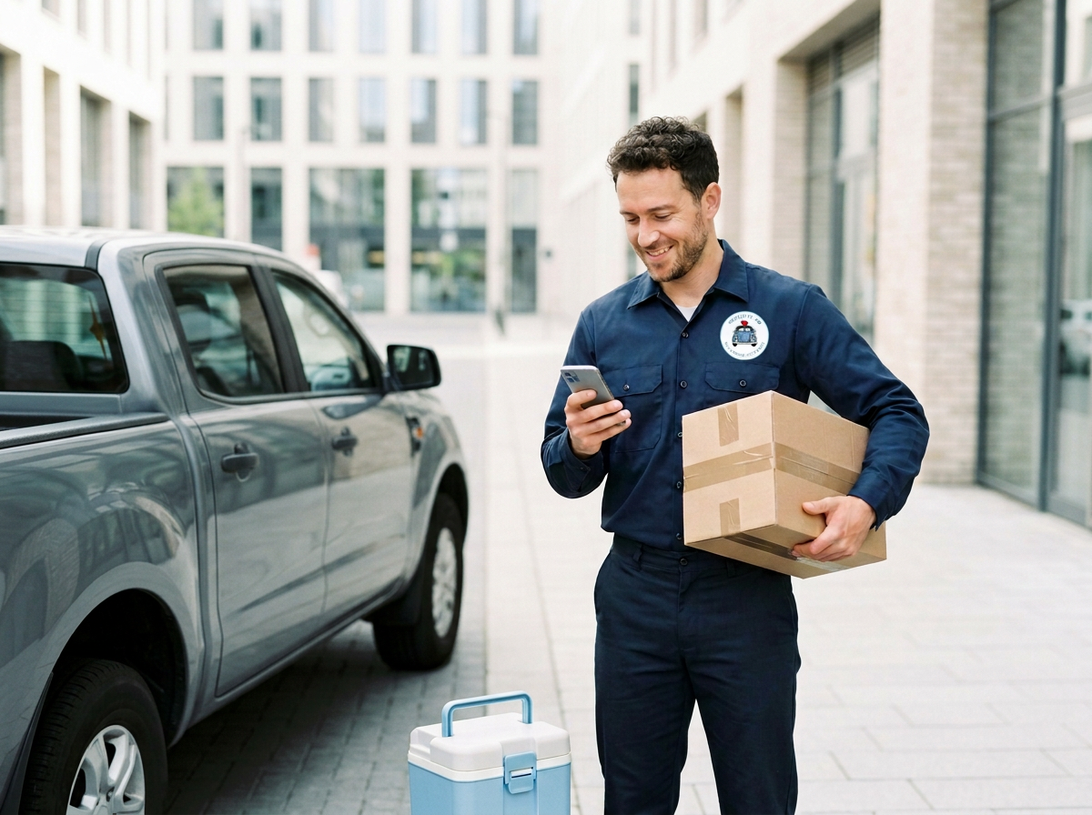 A delivery worker standing outside a building, smiling while looking at his smartphone, holding a cardboard box in his hand, with a blue lunchbox on the ground nearby.