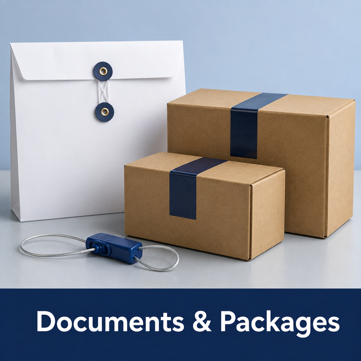 Different sized cardboard boxes with blue tape, a white envelope with a button closure, and a blue security tag on a grey surface with a light blue background. The text "Documents & Packages" is displayed below in white on a dark blue background.