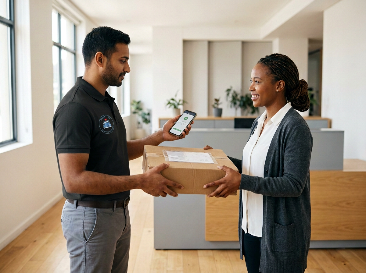 A delivery person hands a package to a woman inside an office or lobby, with the delivery person holding a smartphone.