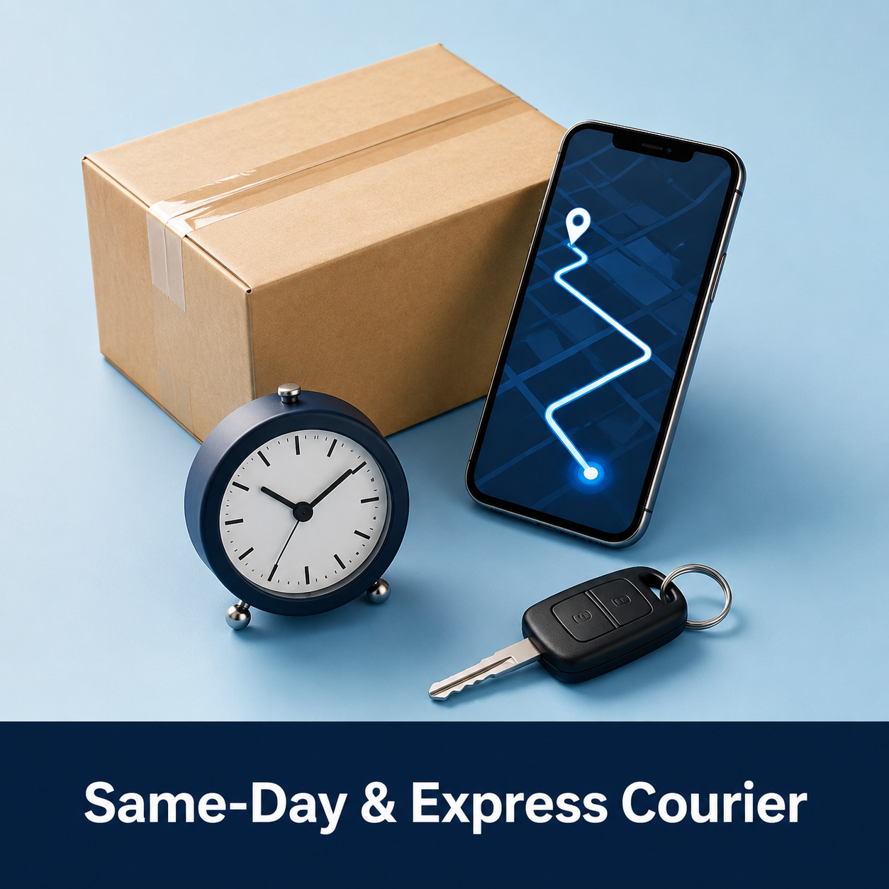 A package, a clock, a smartphone with a delivery route map on the screen, and a car key on a blue surface. Text overlay: 'Same-Day & Express Courier'.