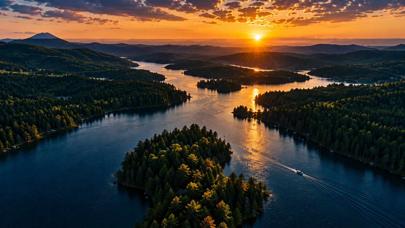 Aerial view of waterways at sunset