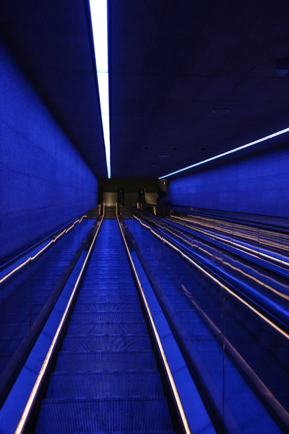 An empty escalator with blue lighting in a dark indoor space.