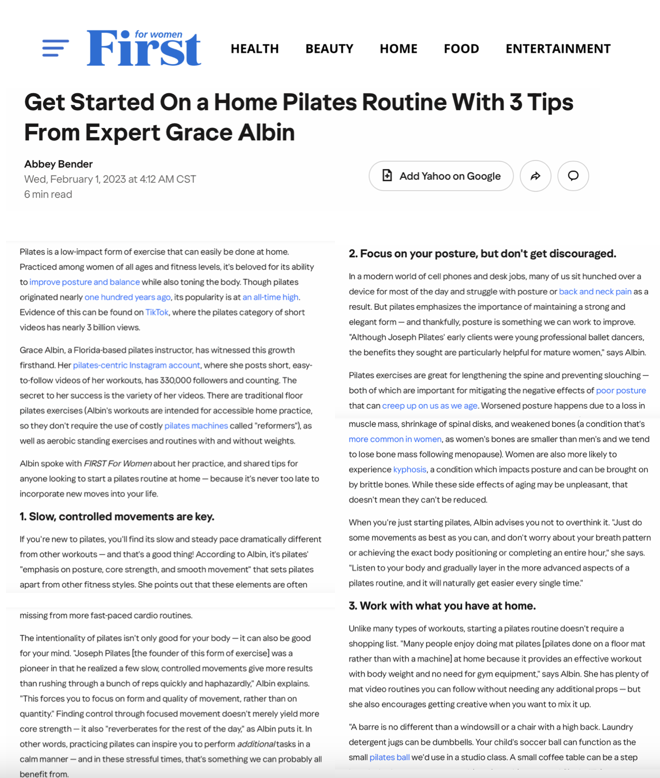 Screenshot of a webpage titled 'Get Started On a Home Pilates Routine With 3 Tips From Expert Grace Albin' from 'First for Women' magazine, featuring article text about Pilates workouts, tips, and benefits.