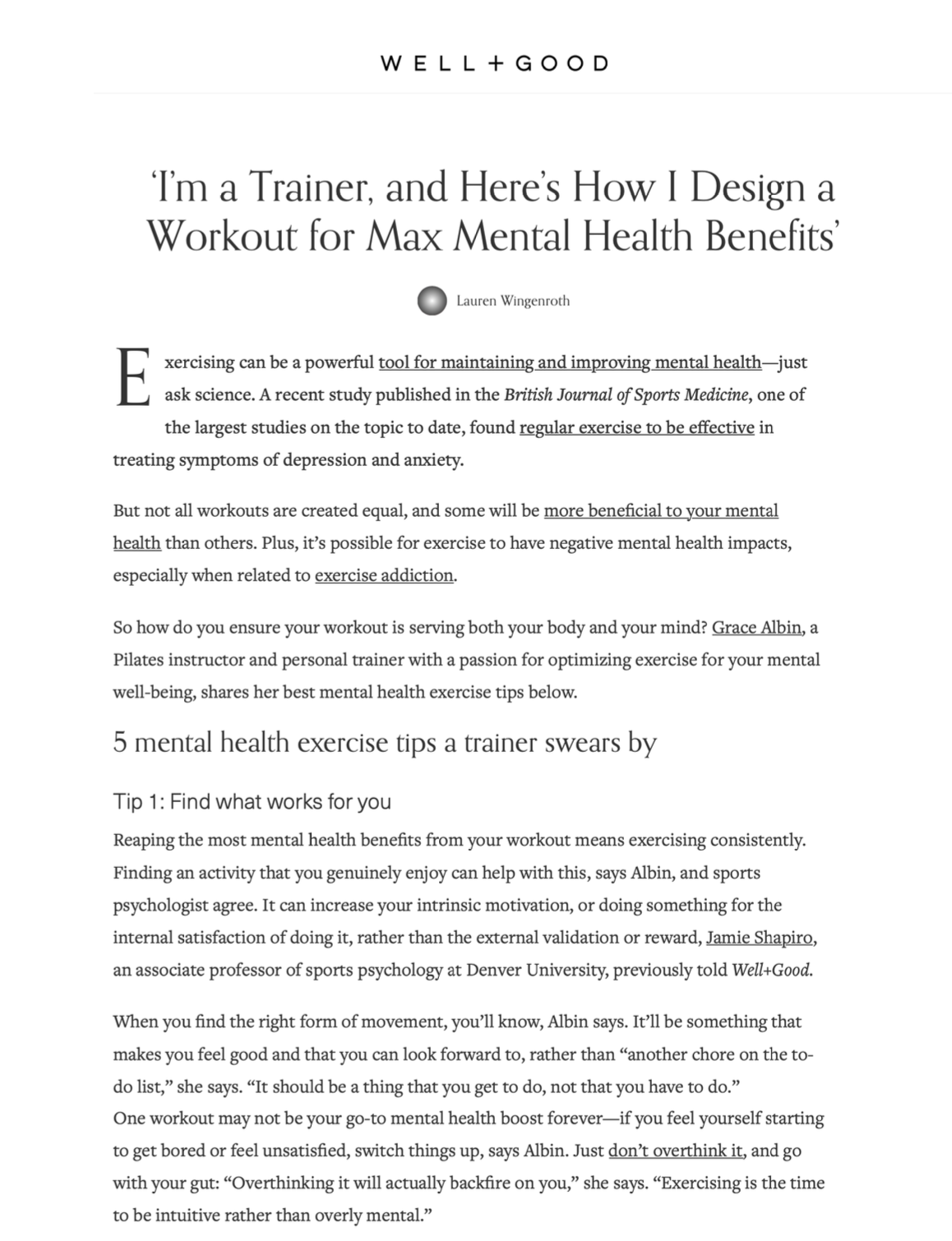 Article titled 'I'm a Trainer, and Here's How I Design a Workout for Max Mental Health Benefits' by Lauren Wingenroth, discussing mental health and exercise, with tips for mental health exercises and quotes from trainers and experts.