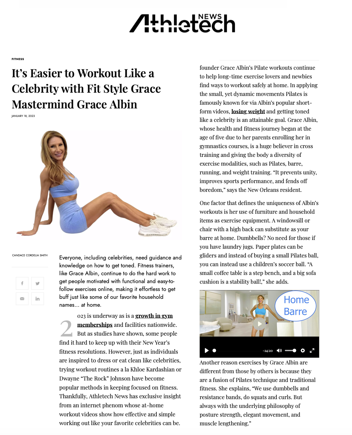 A woman in blue athletic wear sitting with her legs extended and feet on the floor, smiling at the camera, on an article page about fitness and workouts.