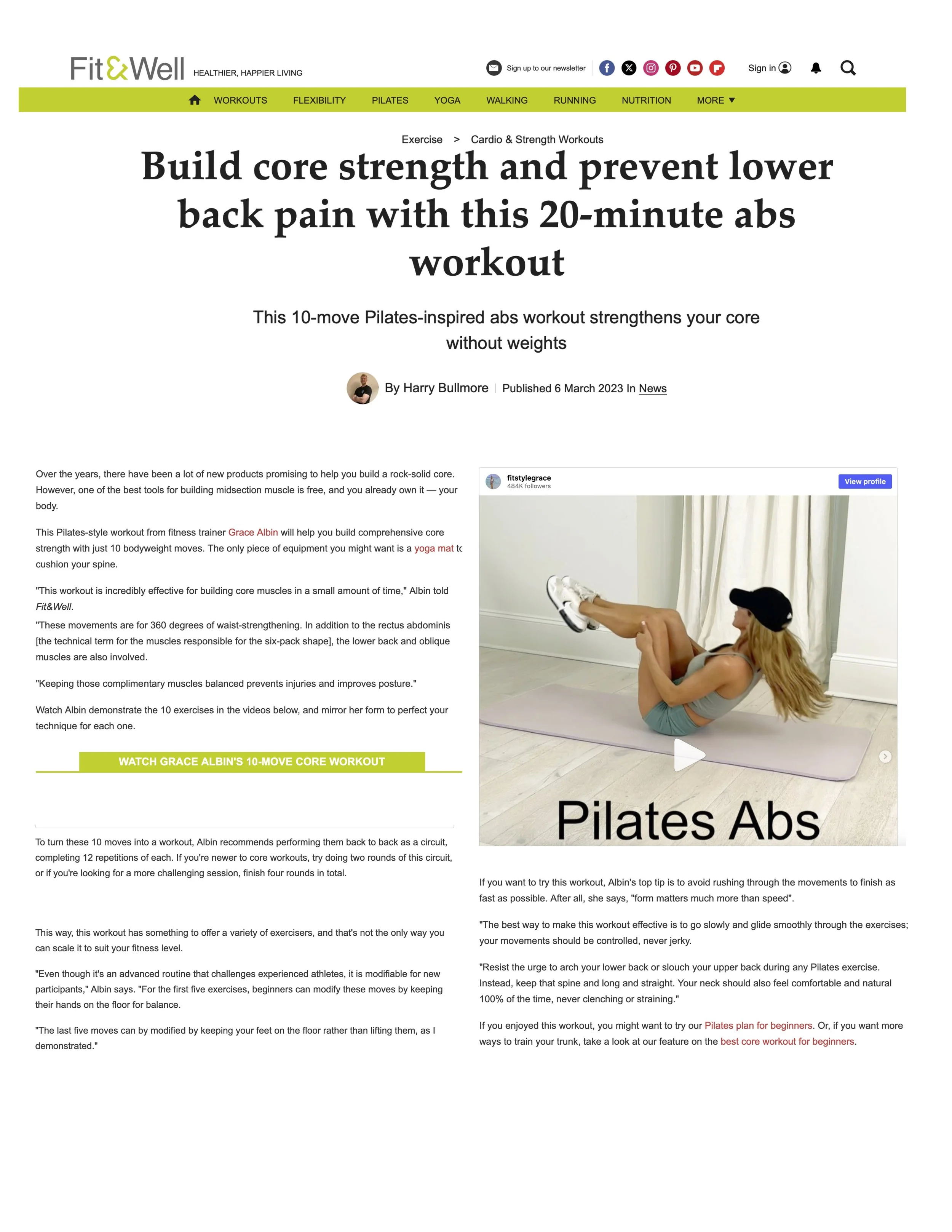 A screenshot of an online article titled "Build core strength and prevent lower back pain with this 20-minute abs workout." The article features a photo of a woman doing Pilates abs exercises on a yoga mat in a bright room with white curtains, a white floor, and a wall. The woman is wearing a gray tank top, black cap, and gray shorts, with long on her yoga mat.