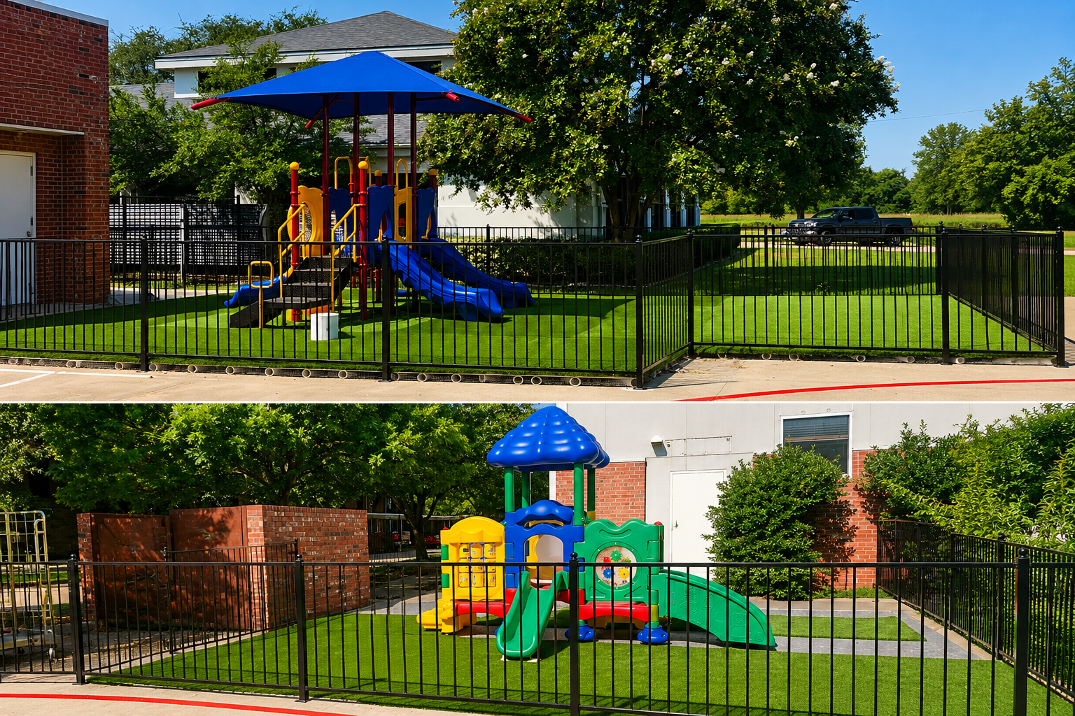 Two colorful children's playgrounds, one with blue slides and a sunshade, enclosed by black fences, set on green grass, with trees and a building in the background.