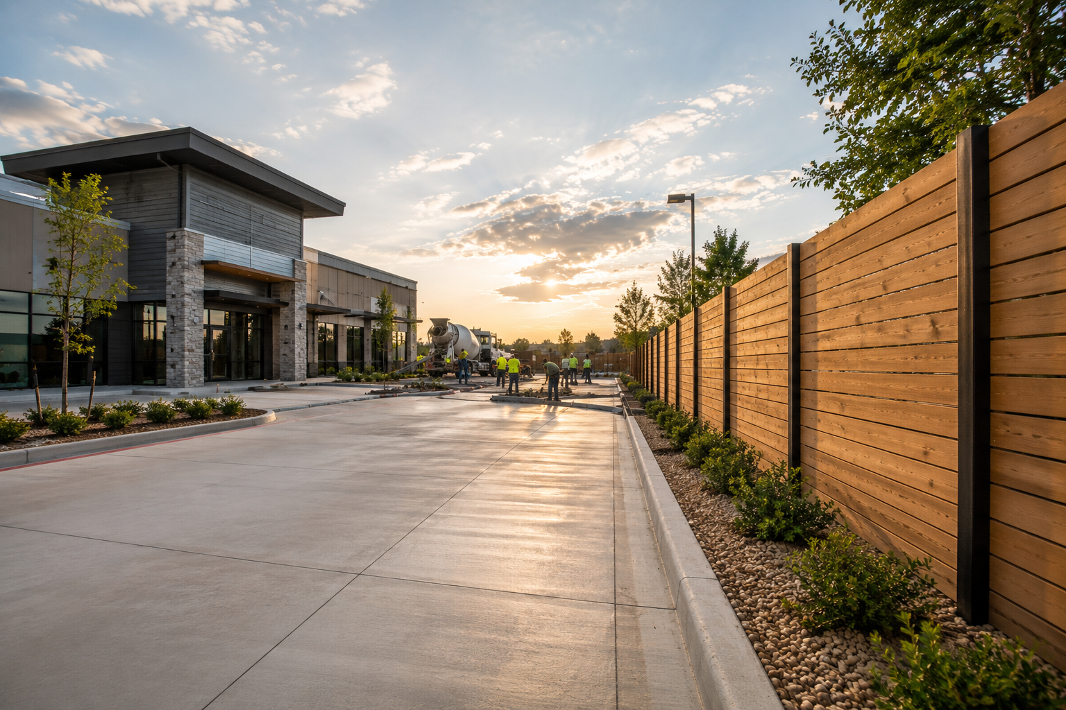 Construction workers operating a cement mixer truck outside a modern commercial building during sunset, with a wooden fence and landscaped area in the foreground.