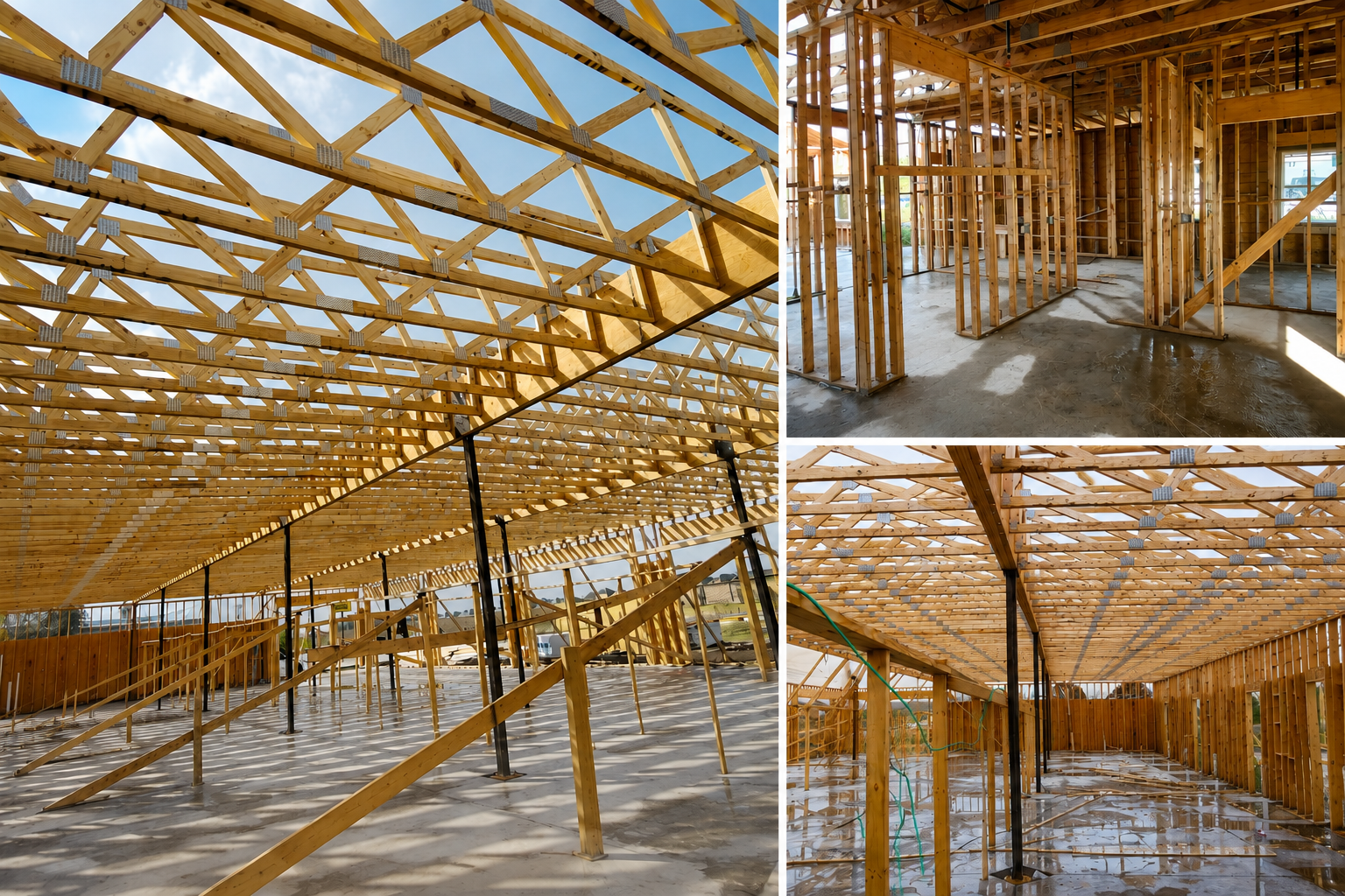 Construction site showing wooden framing of a building, including roof trusses, interior wall framing, and support beams.