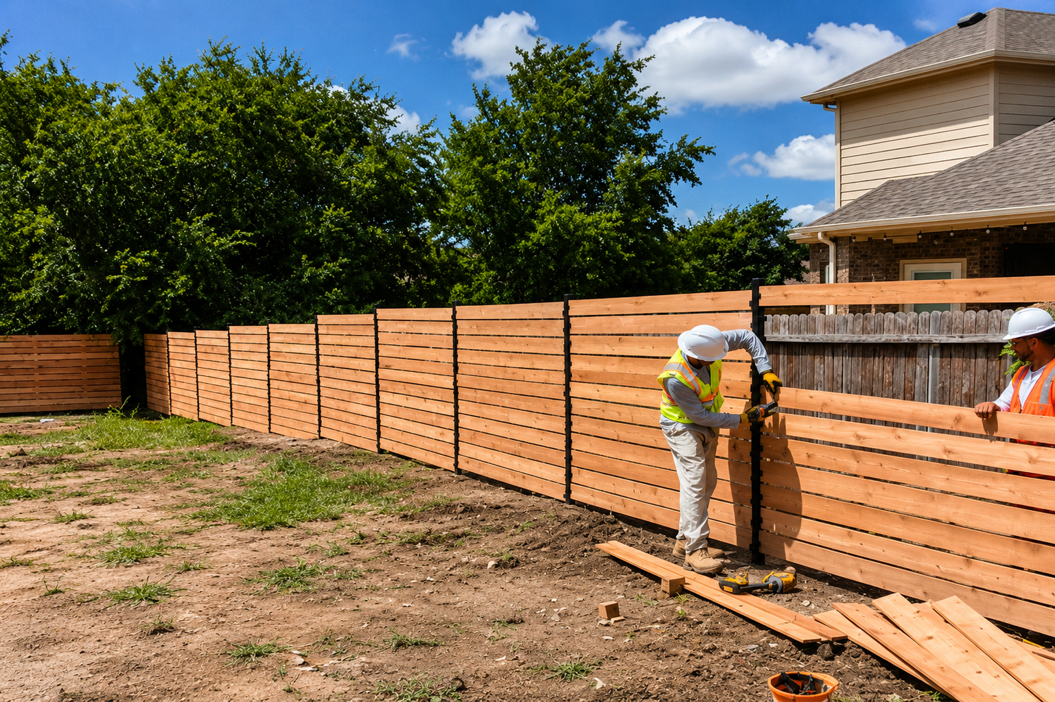 Construction workers installing a wooden fence in a backyard on a sunny day.