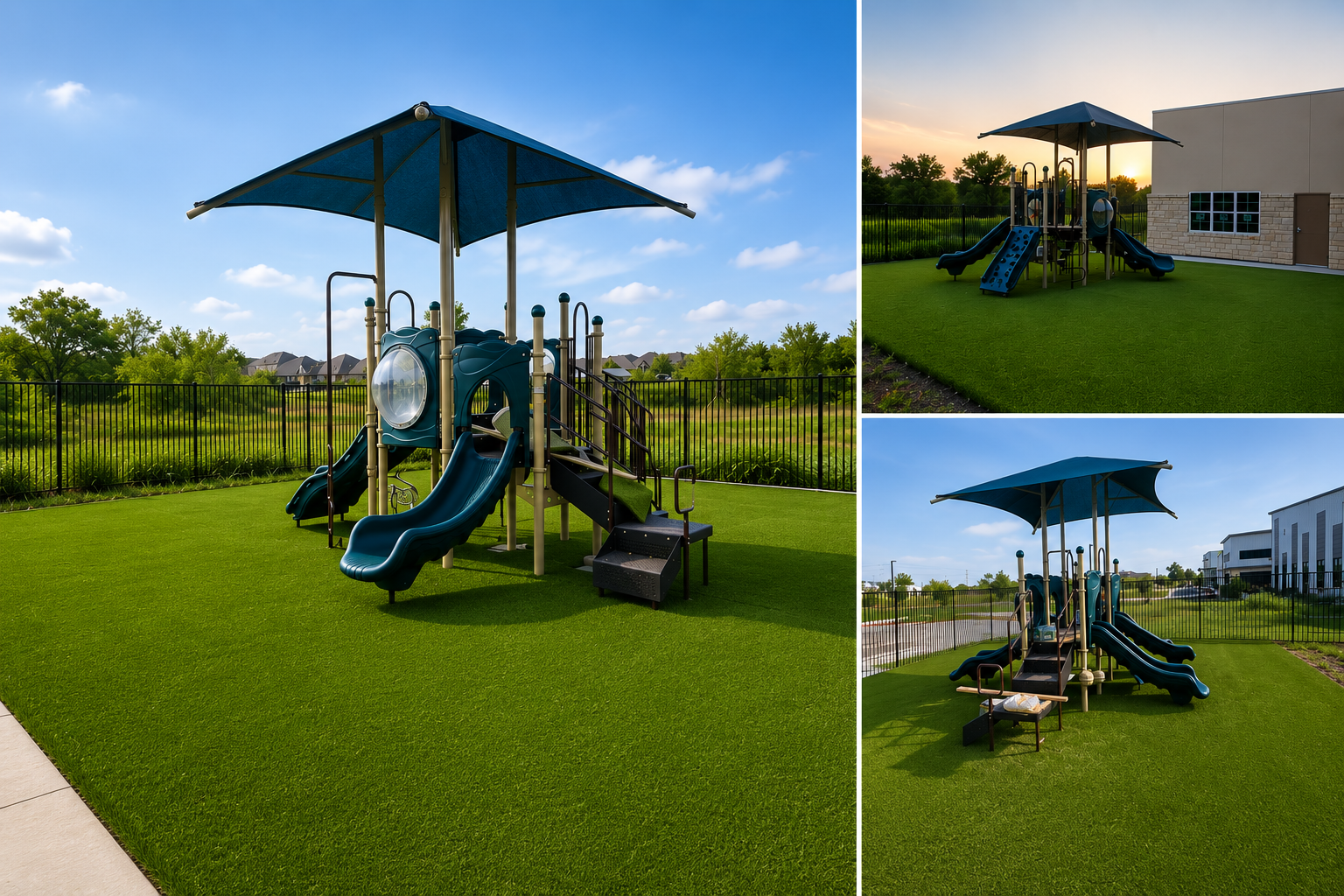Children's playground with blue slides and shade canopy in a grassy area, surrounded by a black fence, with buildings and trees in the background.