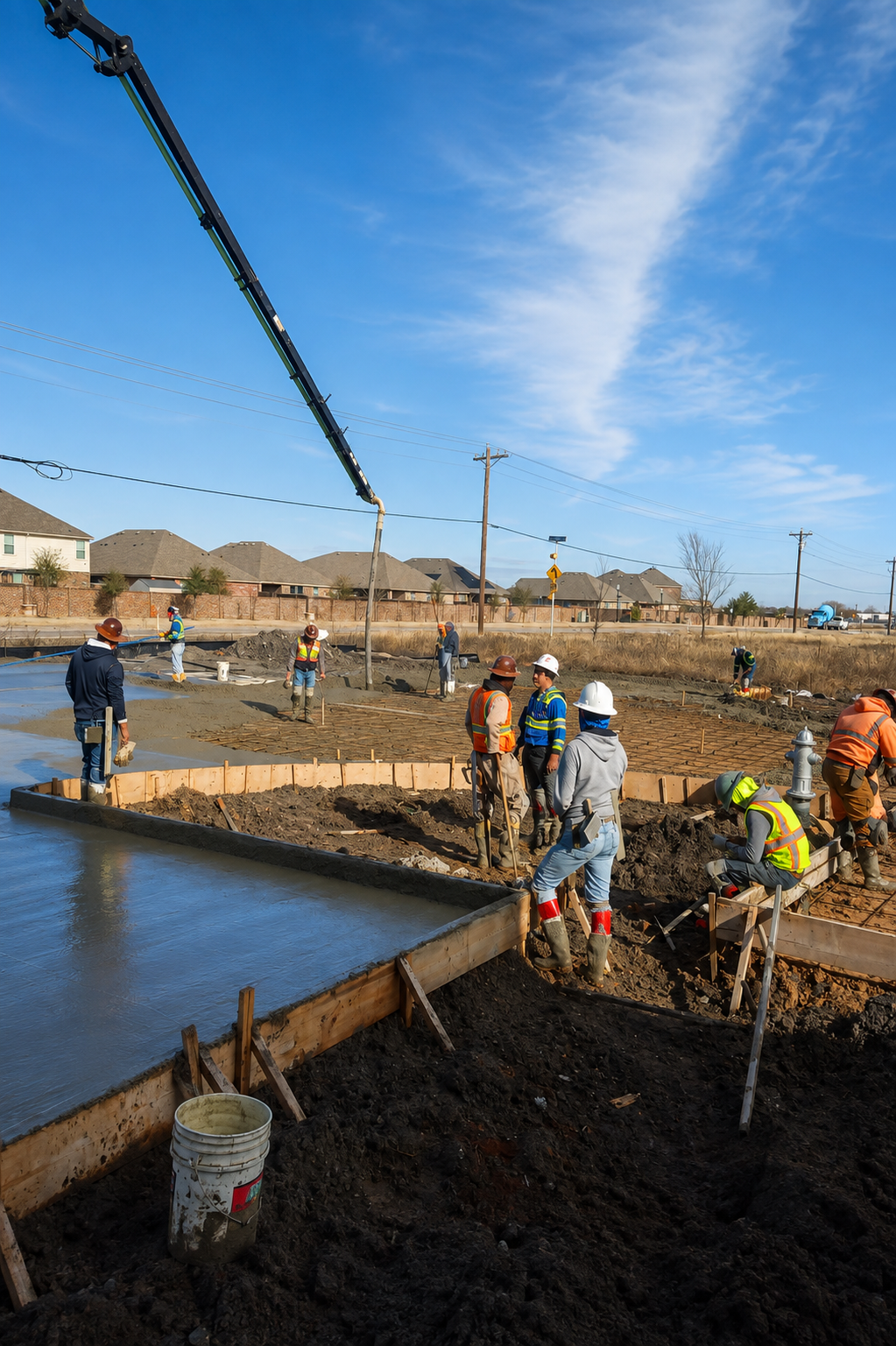 Construction workers pouring and smoothing concrete on a building site under a blue sky with some clouds. The site is in a residential area with houses in the background.