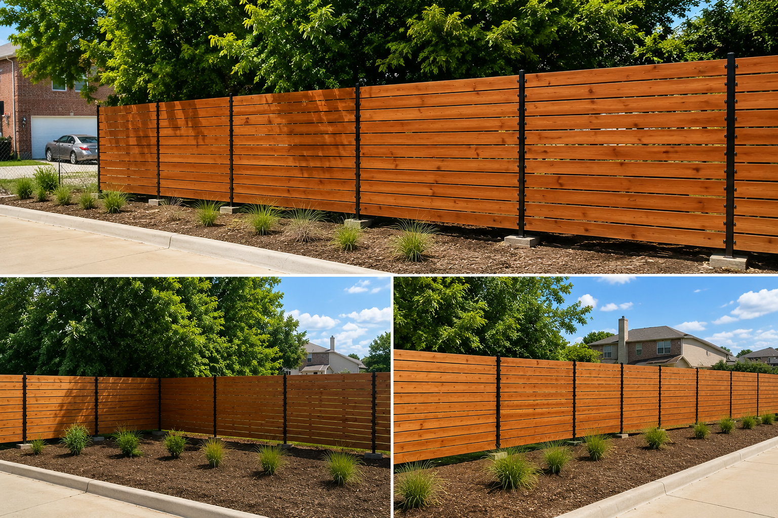 Split view of a newly installed wooden fence with black metal posts and landscaping with small plants and mulch in a residential neighborhood.