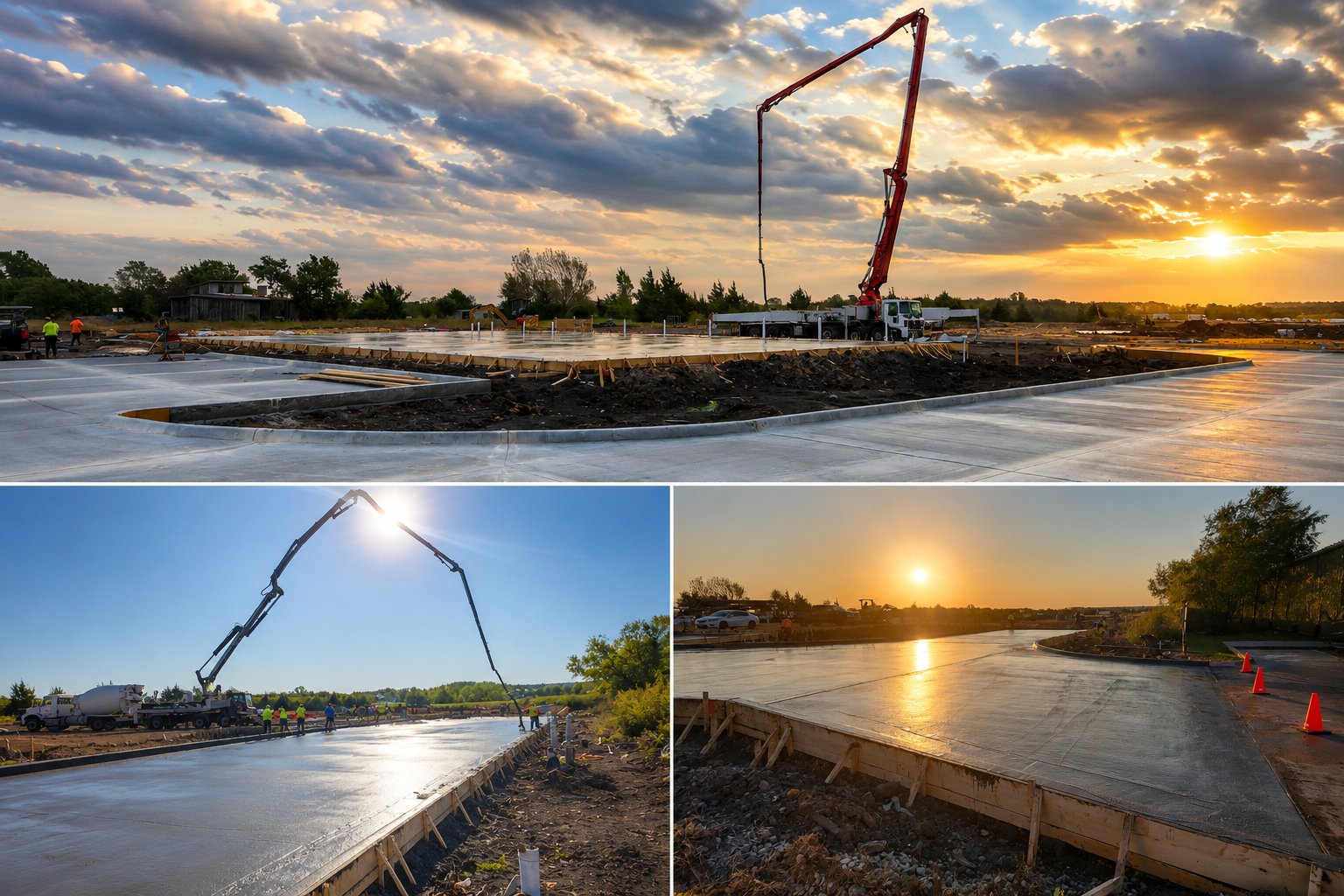 Construction of a new sidewalk or pavement at sunset, showing concrete being poured and smoothed, with construction workers and equipment present.