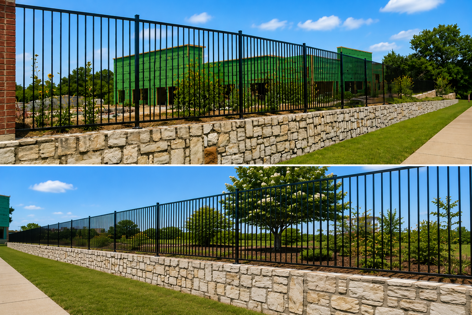 Two images of a black metal fence atop a stone wall along a sidewalk, with trees, shrubs, and a building in the background under a bright blue sky.
