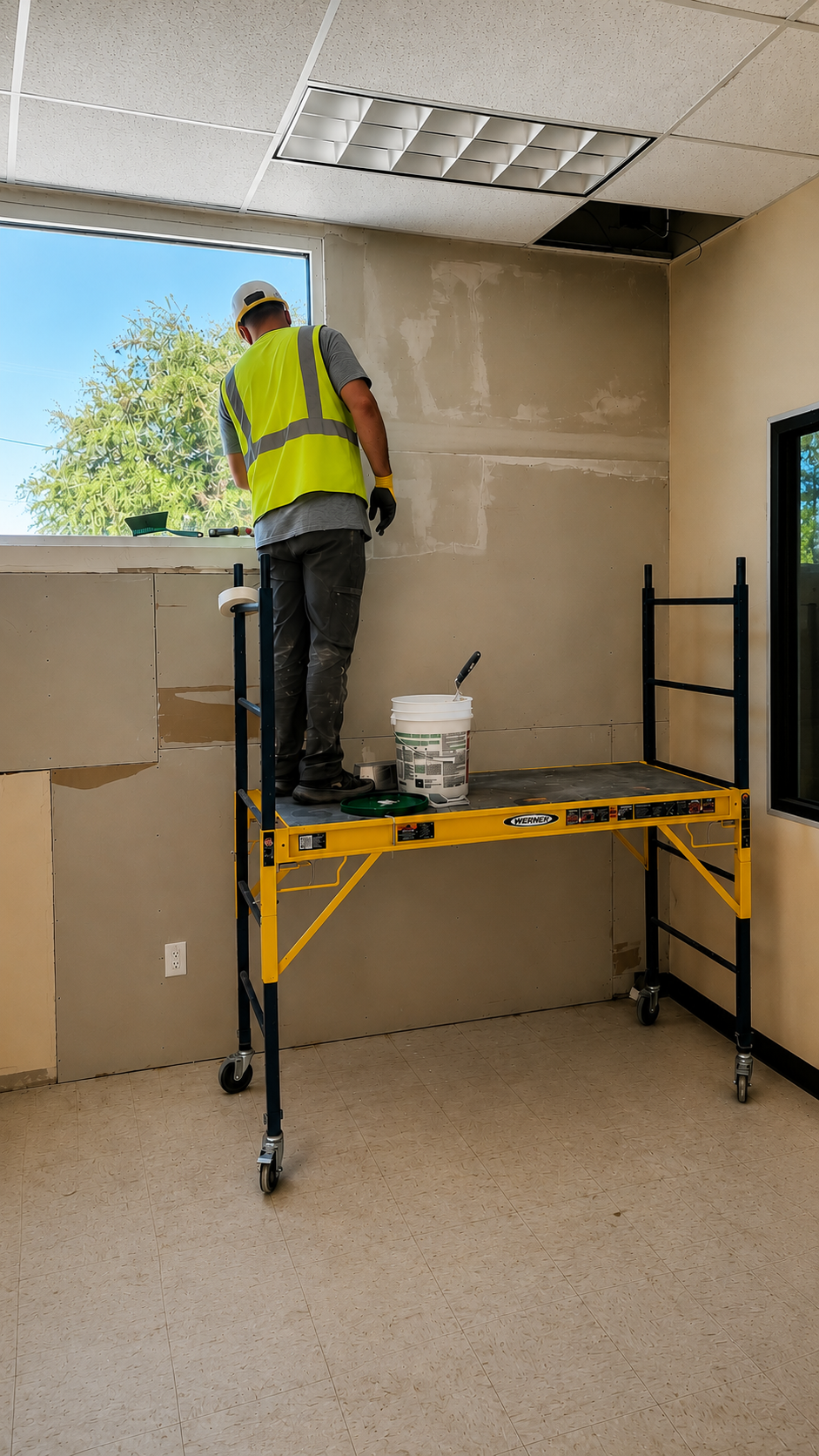A construction worker in a yellow safety vest and helmet stands on a yellow mobile scaffolding inside a room, working on a wall near a large window. There are tools and a bucket of paint on the scaffold.