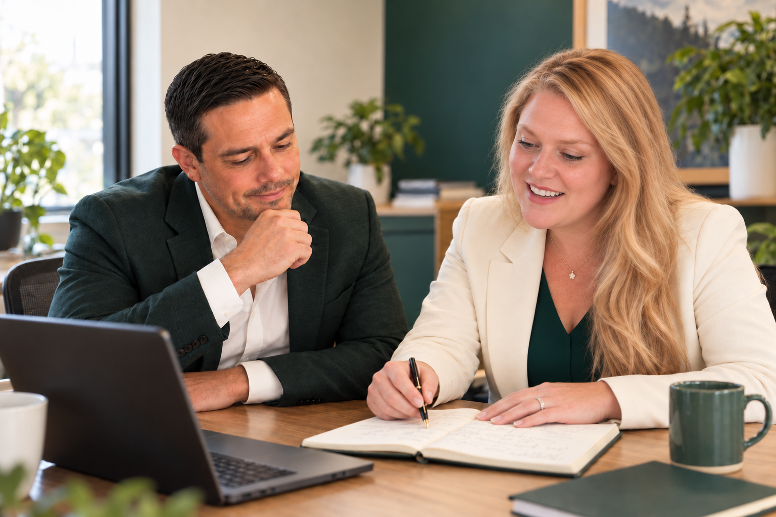 Tiffanie and her husband reviewing notes together in an office.
