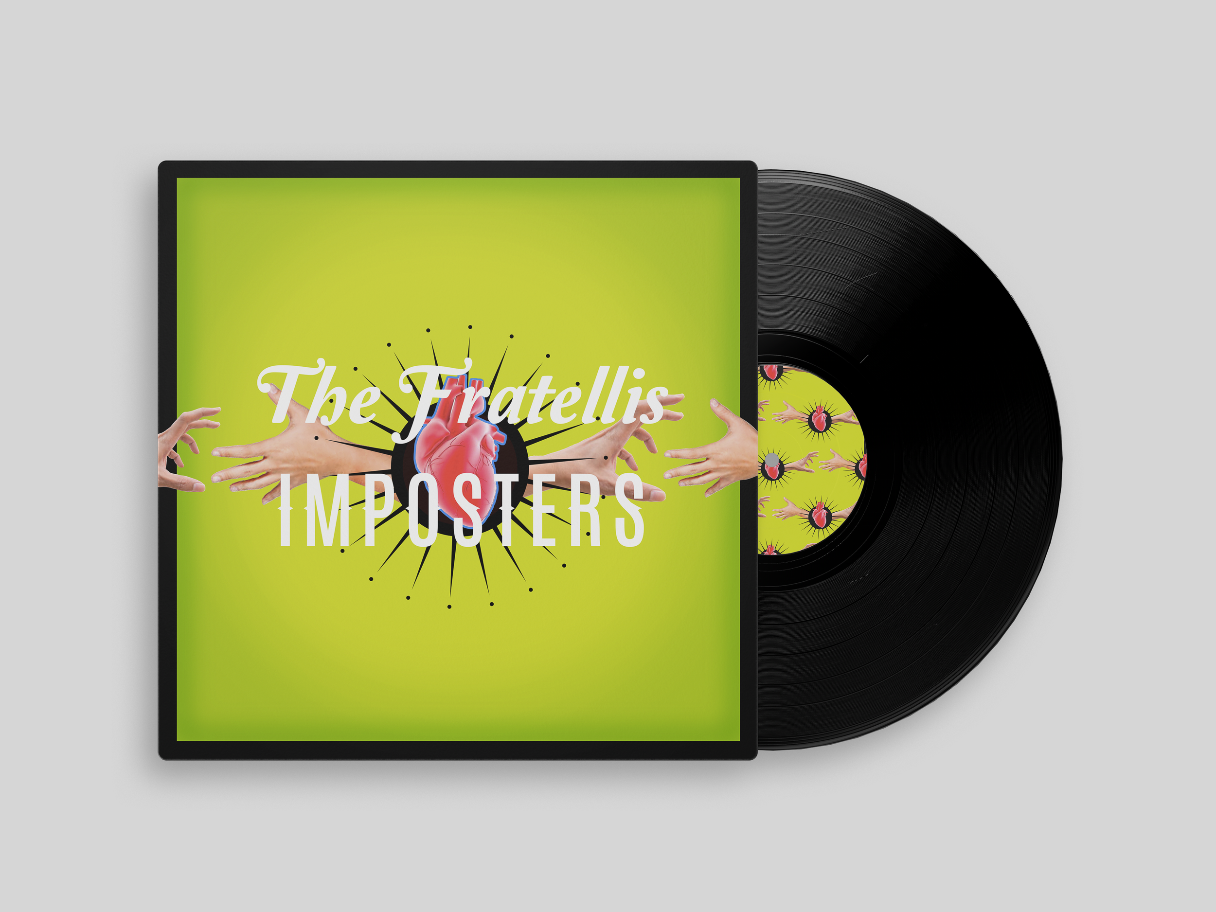 Album cover for The Fratellis album titled 'Imposters'. The cover features a green background with a black and red heart at the center, surrounded by multiple hands reaching toward it. The album title is in white text overlaying the heart.