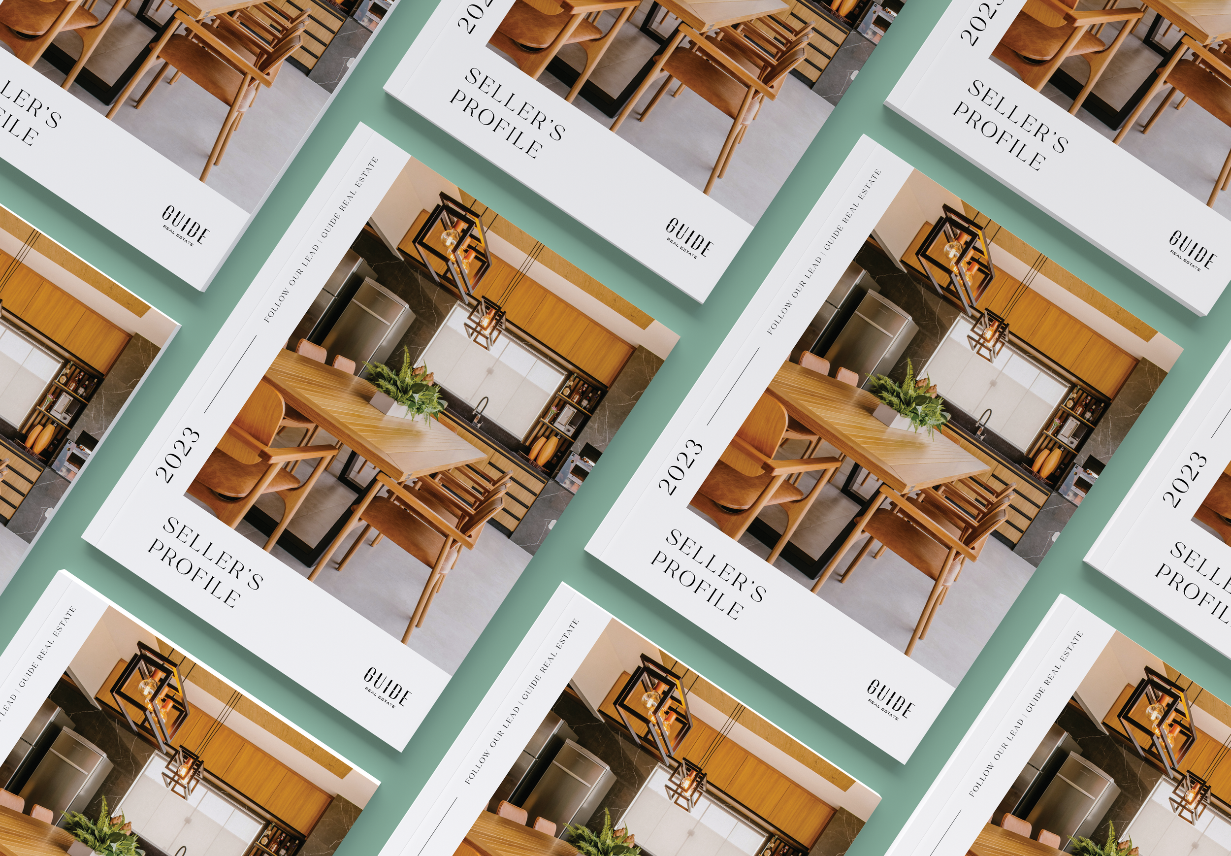 Multiple copies of a real estate guide titled 'Seller's Profile 2023' featuring interior photographs of a modern kitchen and dining area with wooden furniture and pendant lighting, arranged in a pattern.