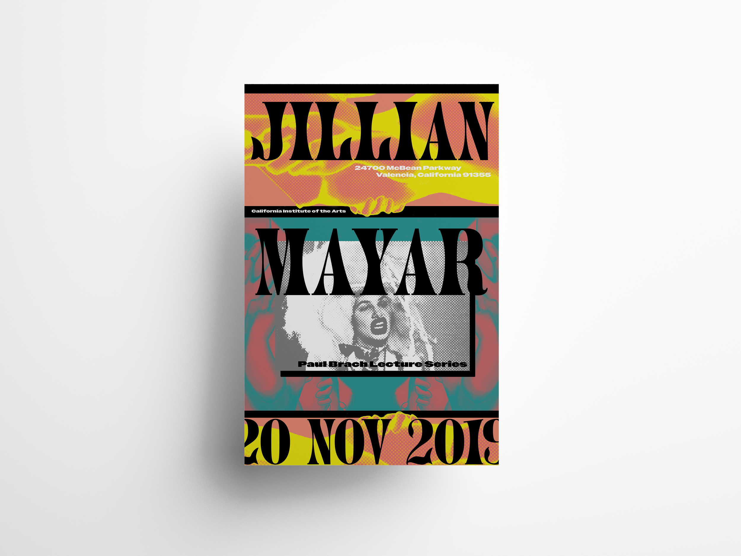 A colorful poster with the words "Jillan Mavor" and "20 Nov 2019" with images of two women, one of whom appears to be singing or shouting.