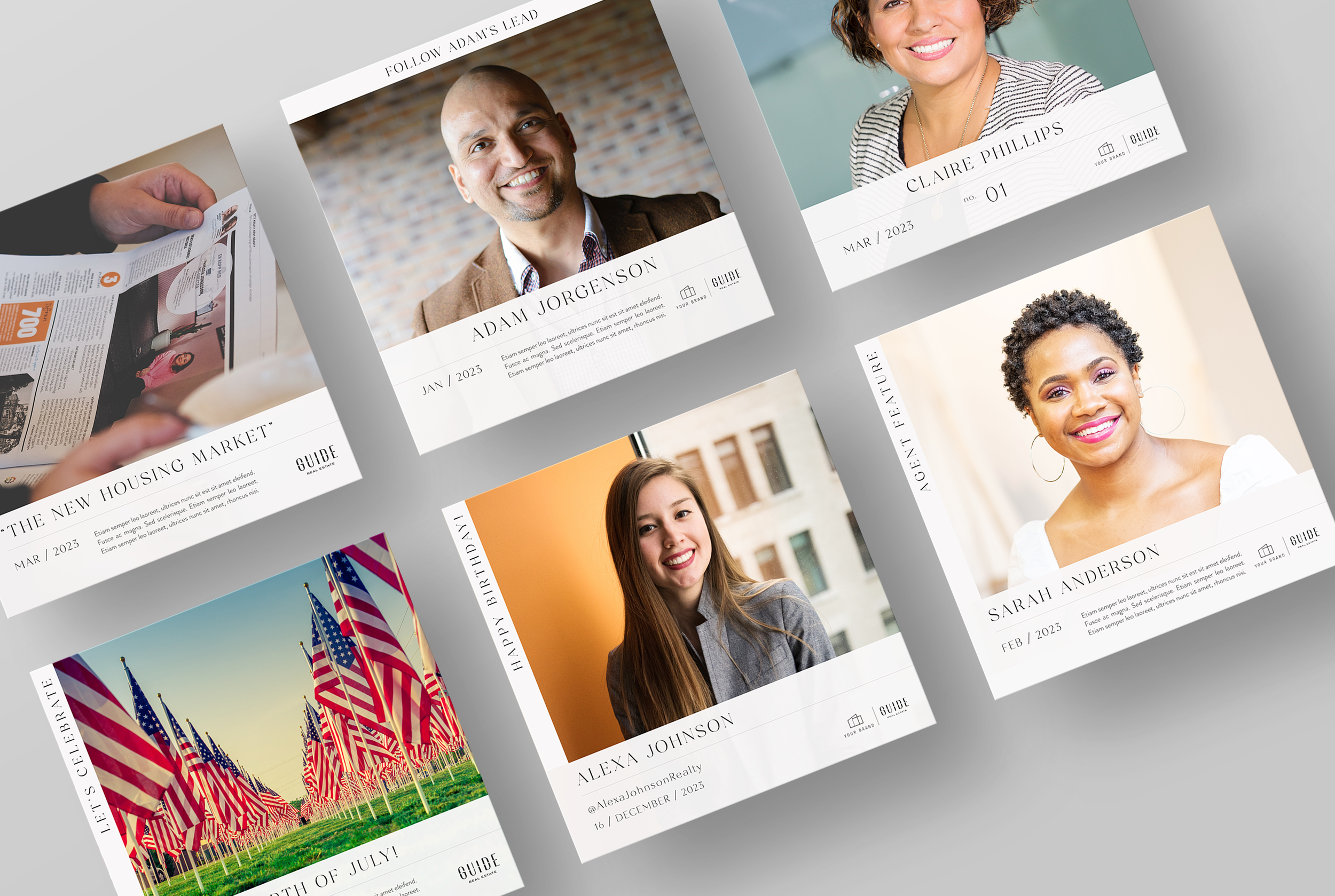 Image collage of various professional and patriotic themes, including individual headshots of people, American flags, and a page from a magazine or brochure with text and images.
