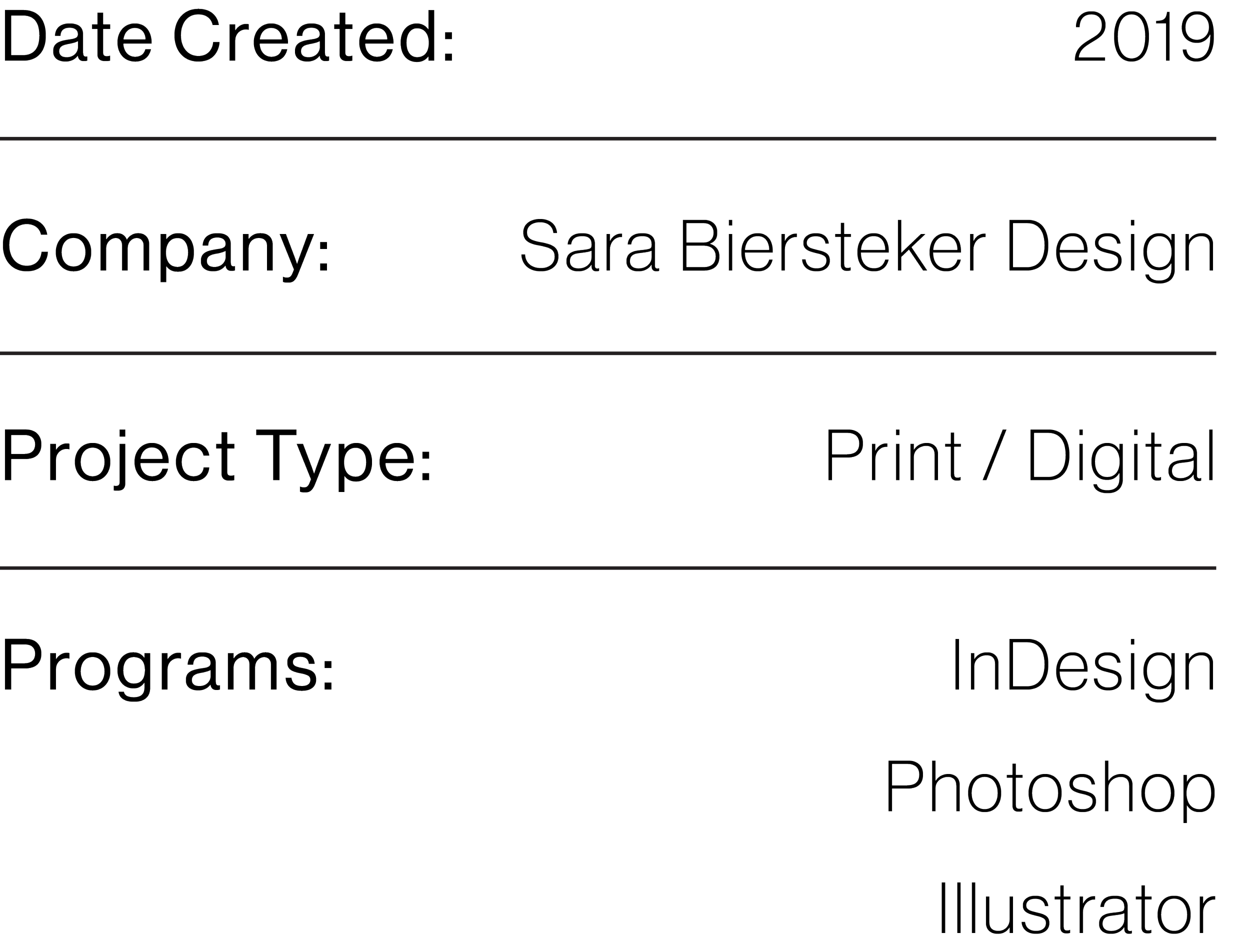 A black background with white text displaying details of a project or design, including date created, company, project type, programs, and illustrations.