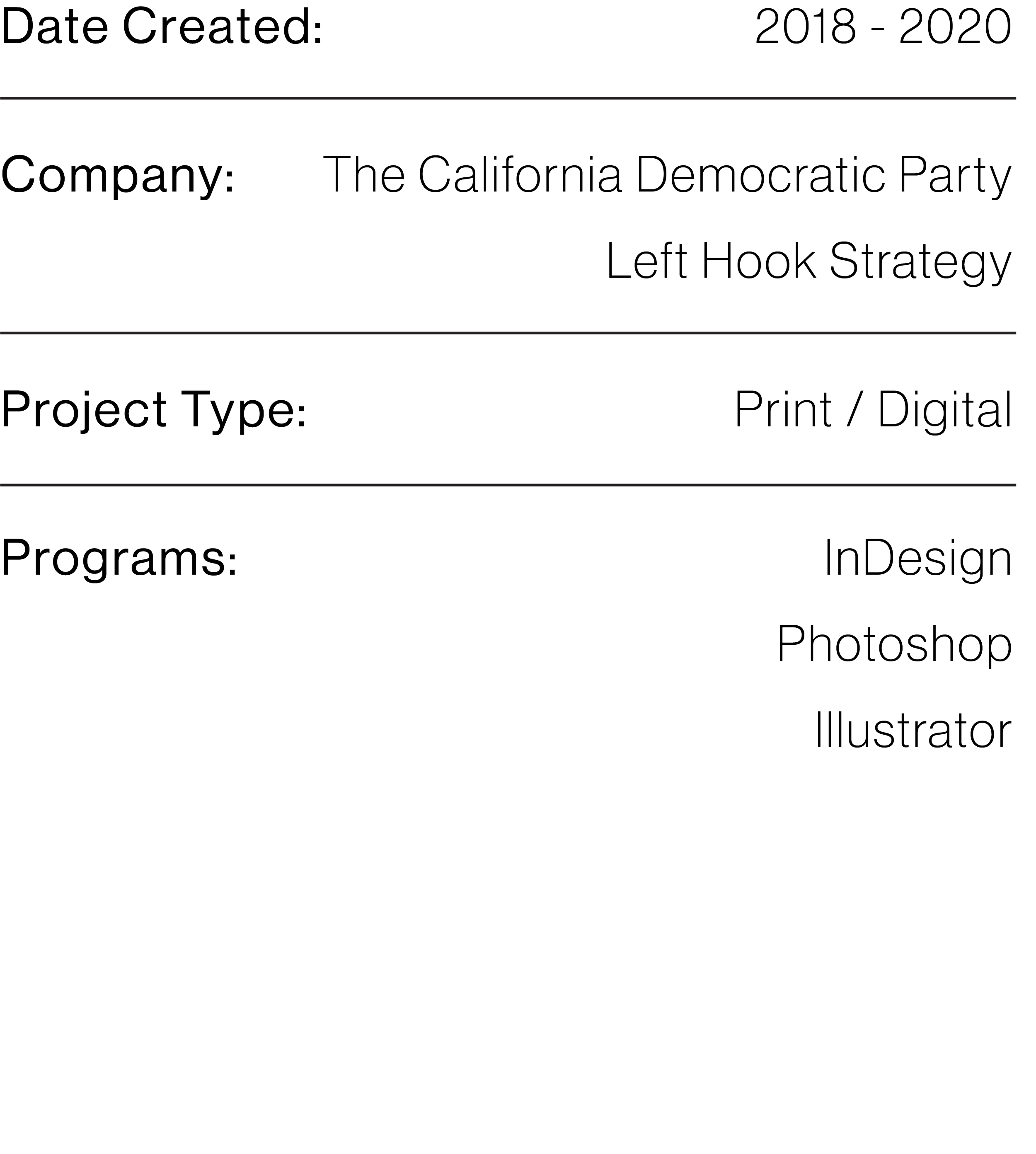 A digital graphic with the title 'Date Created: 2018-2020' at the top, information about a project for The California Democratic Party's left hook strategy, specifying project type as print/digital, programs as InDesign and Photoshop, and created by an illustrator, all displayed with a black background and gray text.