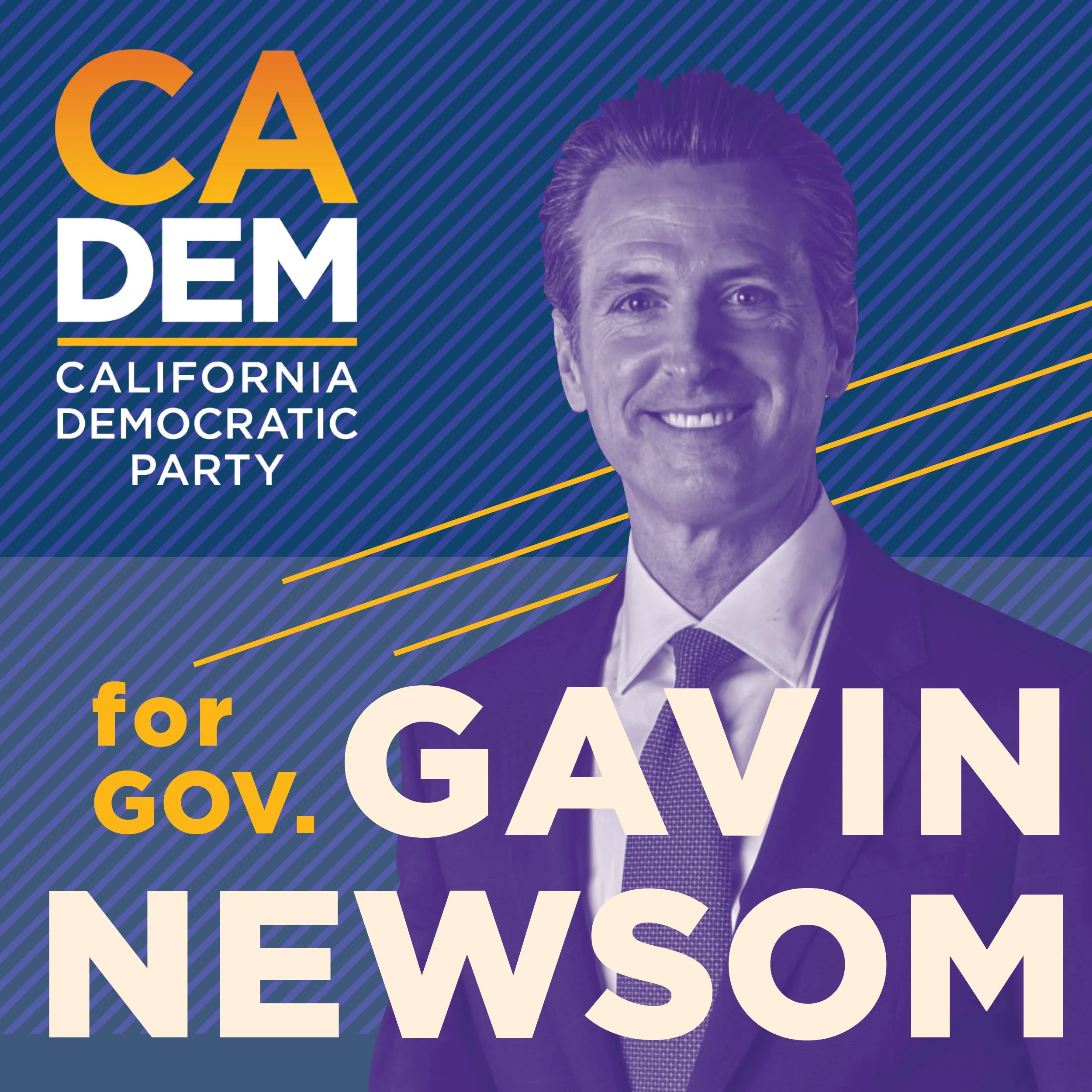 A digitally edited image of a man in a suit with a bright smile, set against a background with diagonal blue lines. The text on the image says "CA DEMOCRATIC PARTY for GAY BIG NEWS."